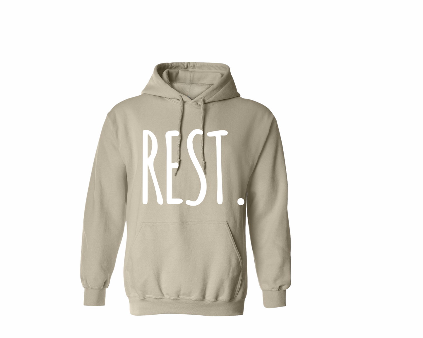 Beige hoodie with 'REST.' text on a white background