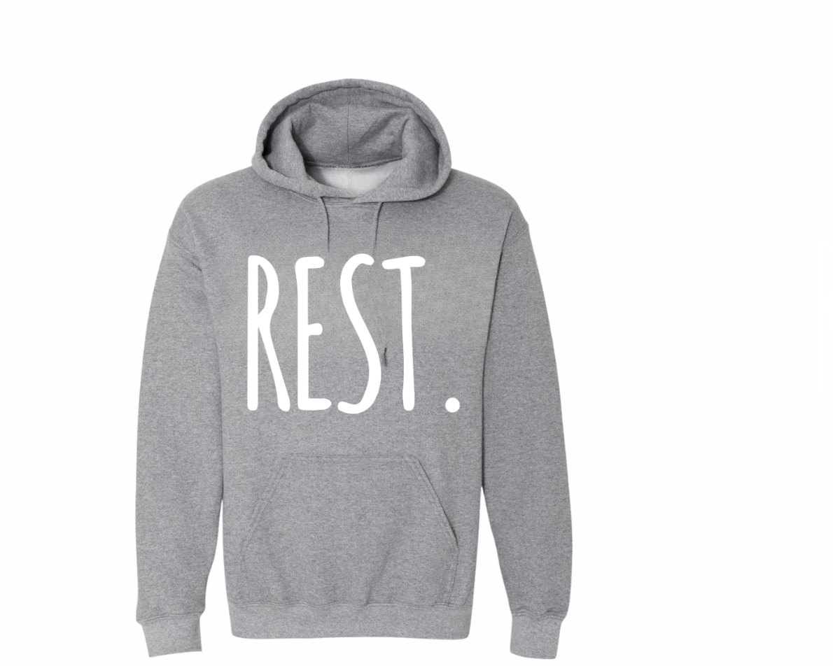 Gray hoodie with 'REST.' text on a white background